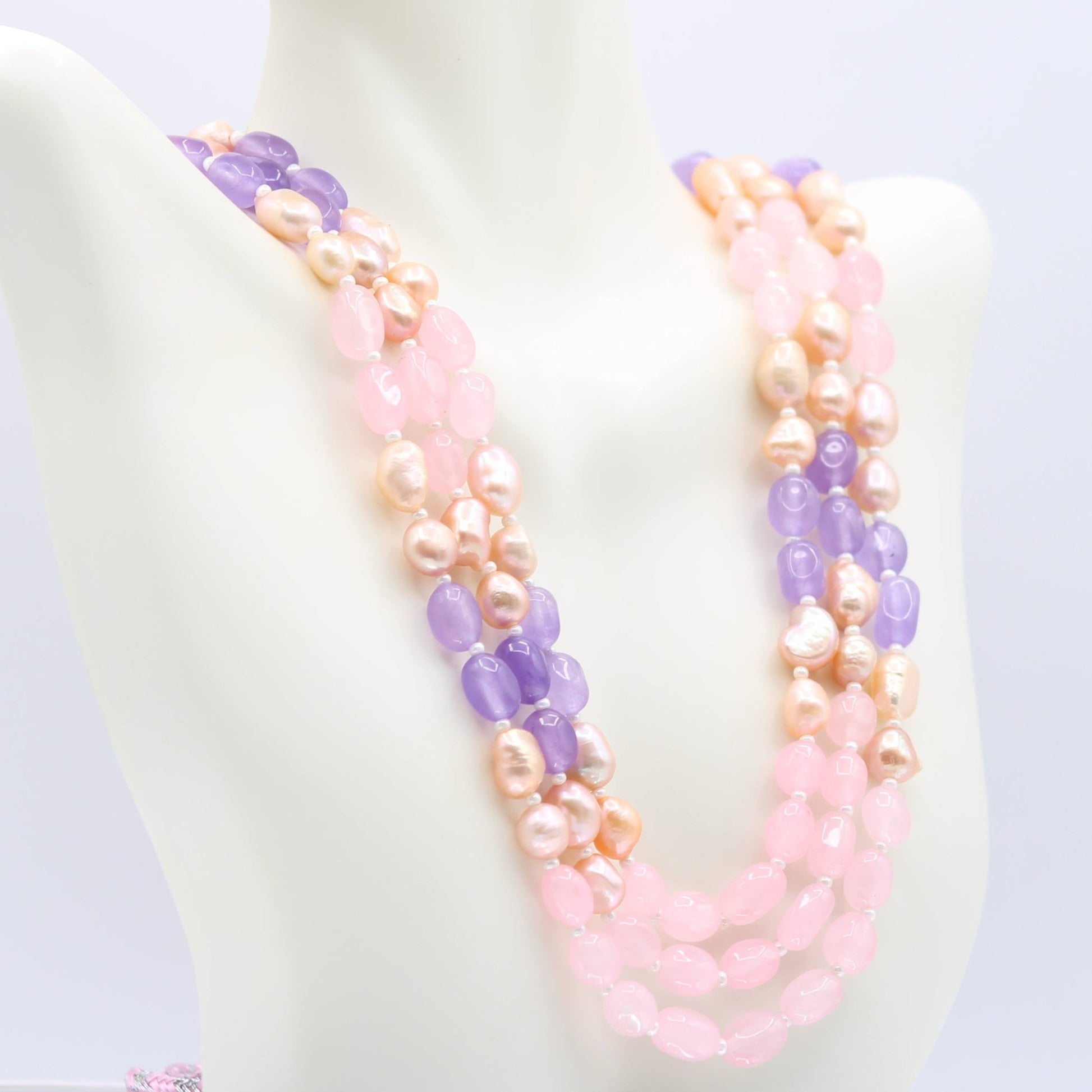 Multi Color Jade Necklace with Fresh Water Pearl - 3 Strand - Taj Mahal Gems