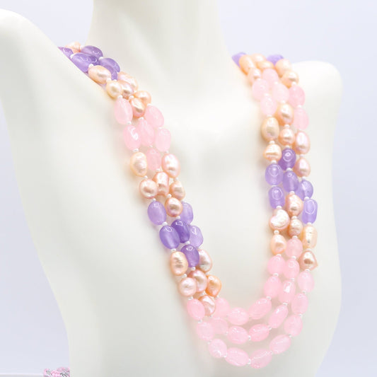 Multi Color Jade Necklace with Fresh Water Pearl - 3 Strand - Taj Mahal Gems