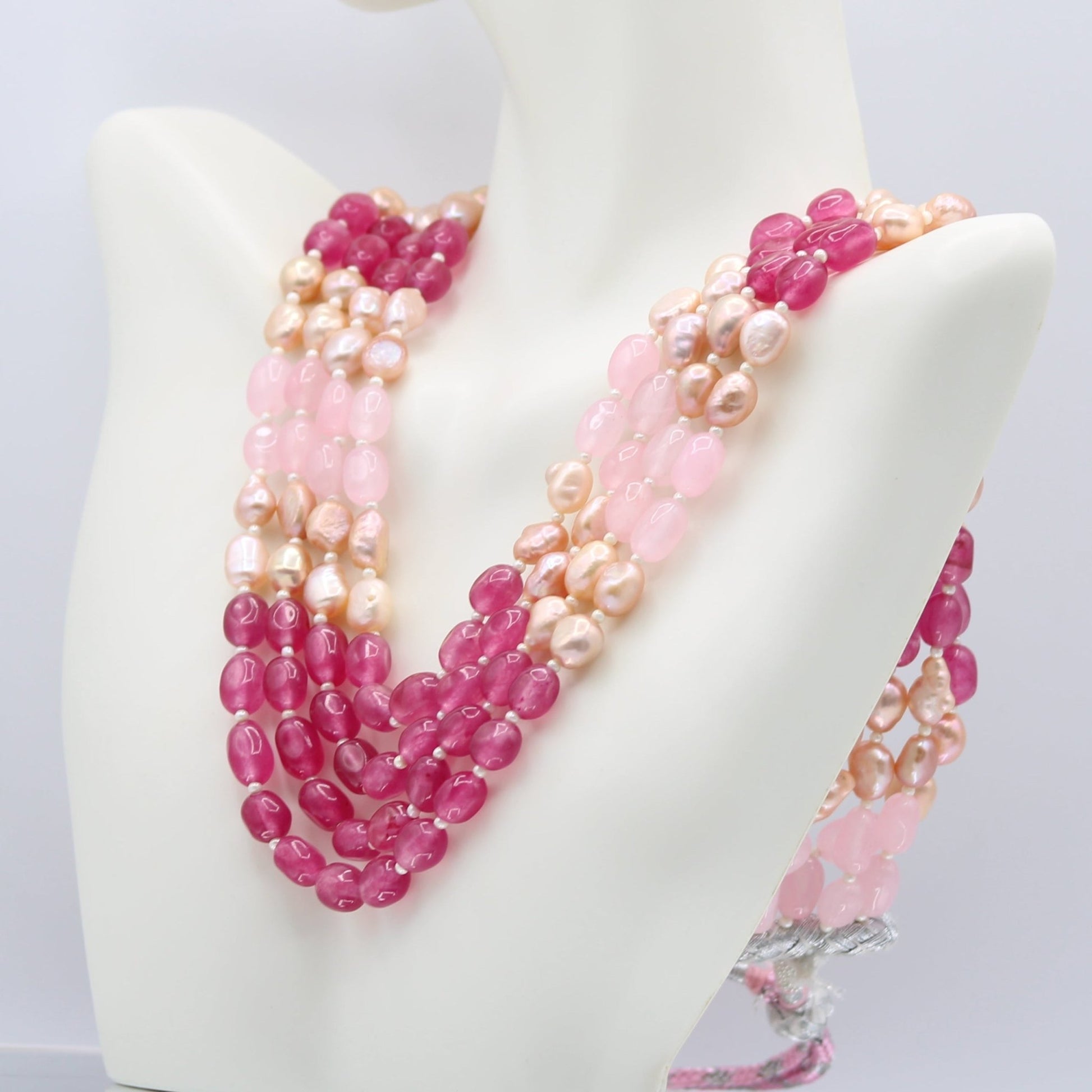 Rose & Pink Jade with Pearl Necklace - 4 Strand - Taj Mahal Gems