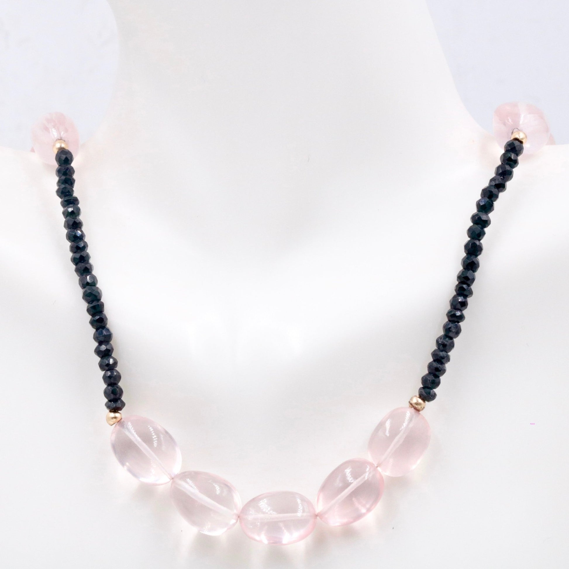 14KY Rose Quartz with Black Spinel Beaded Necklace - Taj Mahal Gems