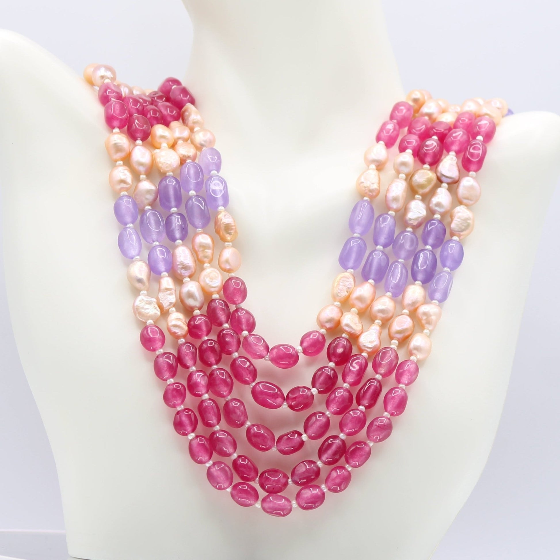 Multi Color Jade with Pearl - Layered Necklace - Taj Mahal Gems