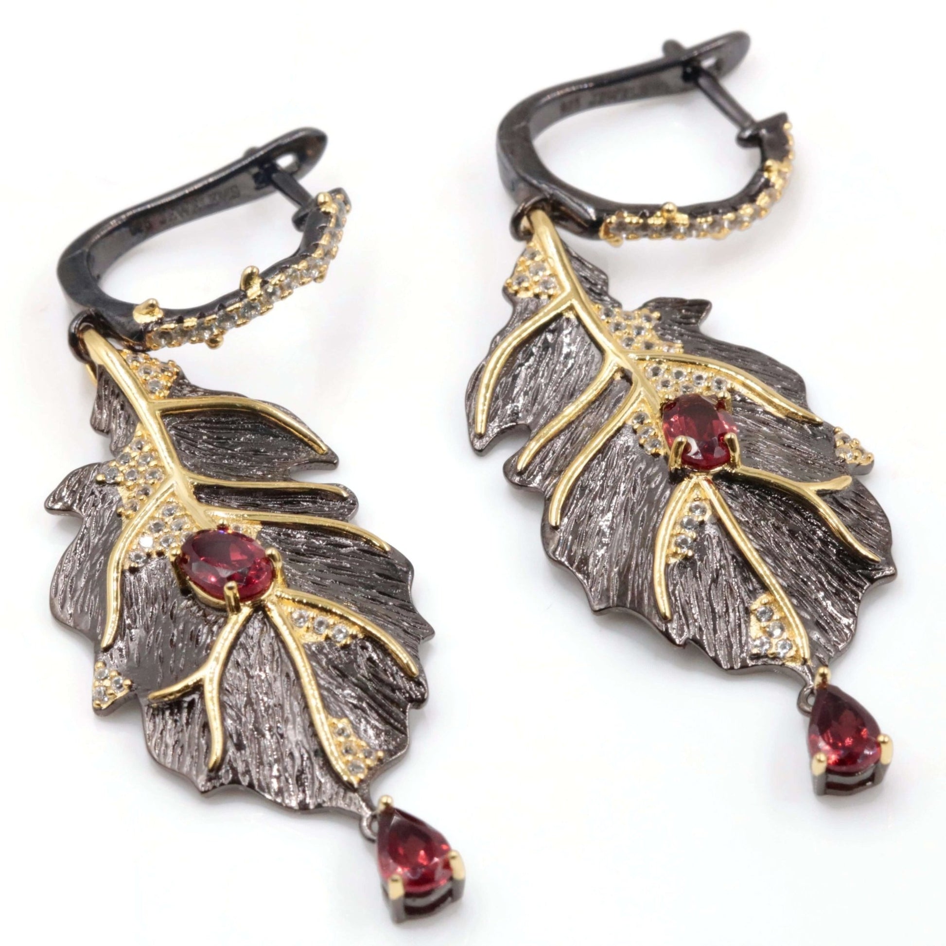 18KY Garnet Dangle Leaf Earrings - Taj Mahal Gems