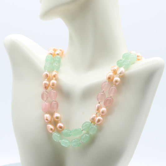Rose Quartz & Aventurine Necklace With Pearl - Taj Mahal Gems