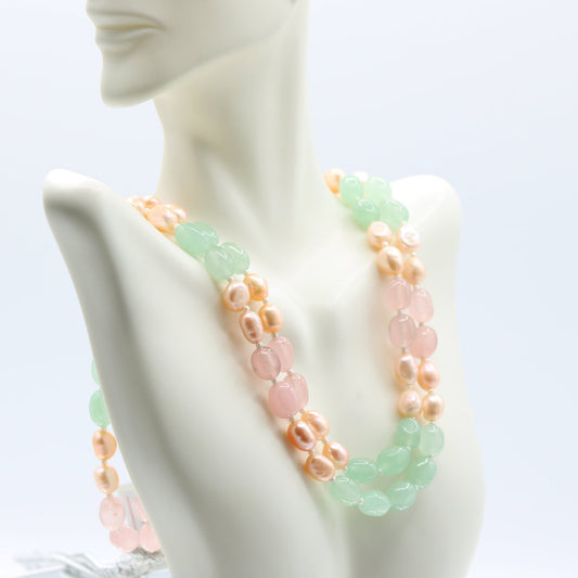 Rose Quartz & Aventurine Necklace With Pearl - Taj Mahal Gems