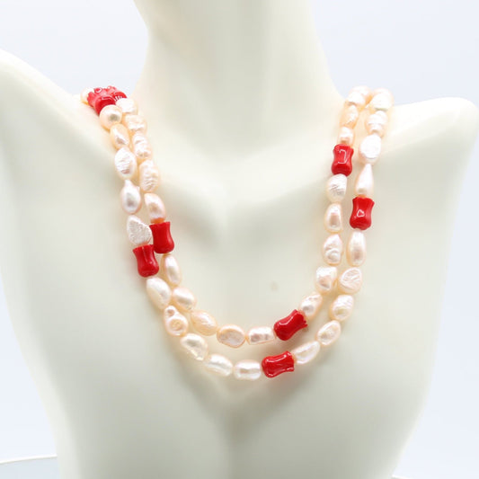 Fresh Water Pearl 7 - 9mm with Coral Tulip Necklace - Taj Mahal Gems