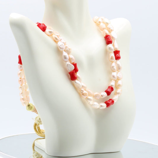 Fresh Water Pearl 7 - 9mm with Coral Tulip Necklace - Taj Mahal Gems