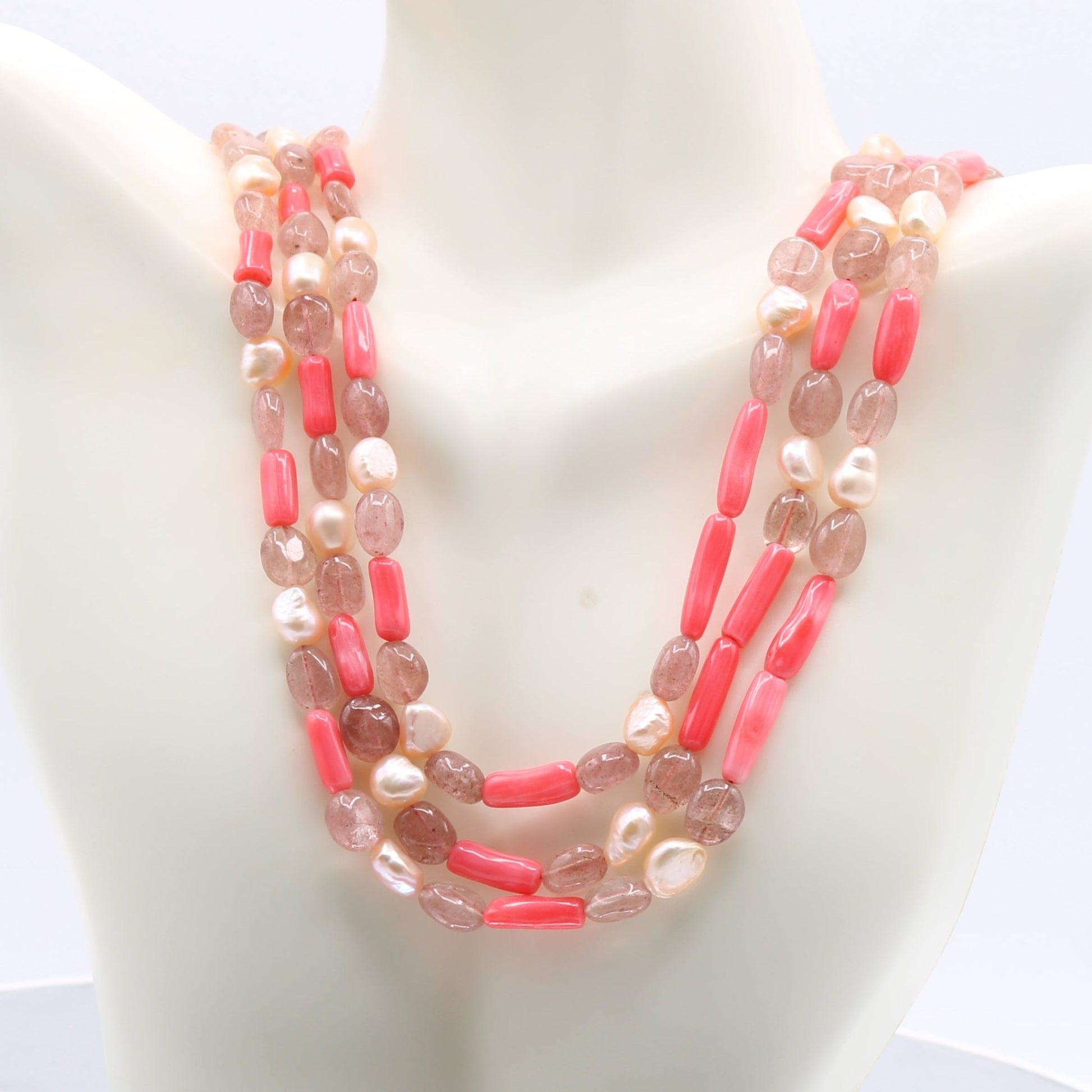 Strawberry Quartz 6 - 10mm with Pearl & Coral - Layered Necklace - Taj Mahal Gems
