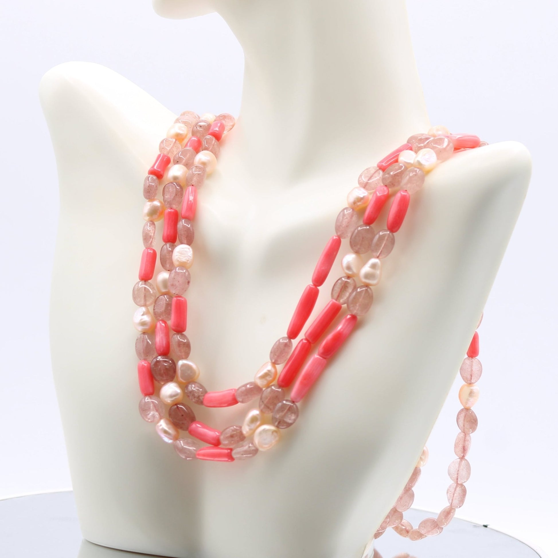 Strawberry Quartz 6 - 10mm with Pearl & Coral - Layered Necklace - Taj Mahal Gems