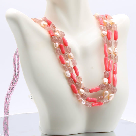 Strawberry Quartz Pearl & Coral - Layered Necklace featuring oval shaped, semi-transparent gemstones in pink hues.