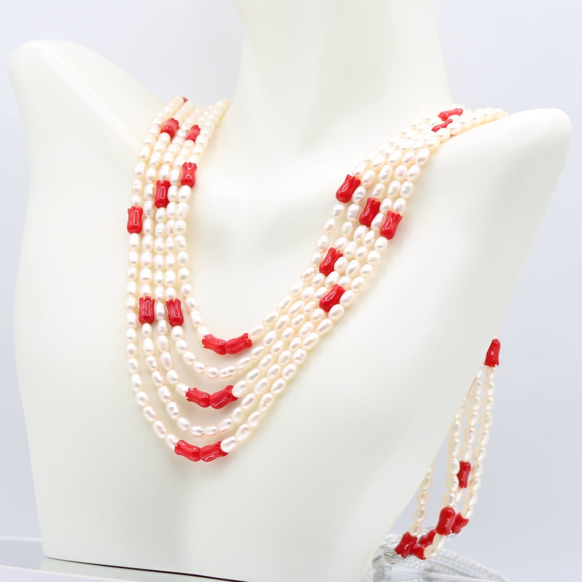 Pearl with Coral Tulip Layered Necklace - Taj Mahal Gems