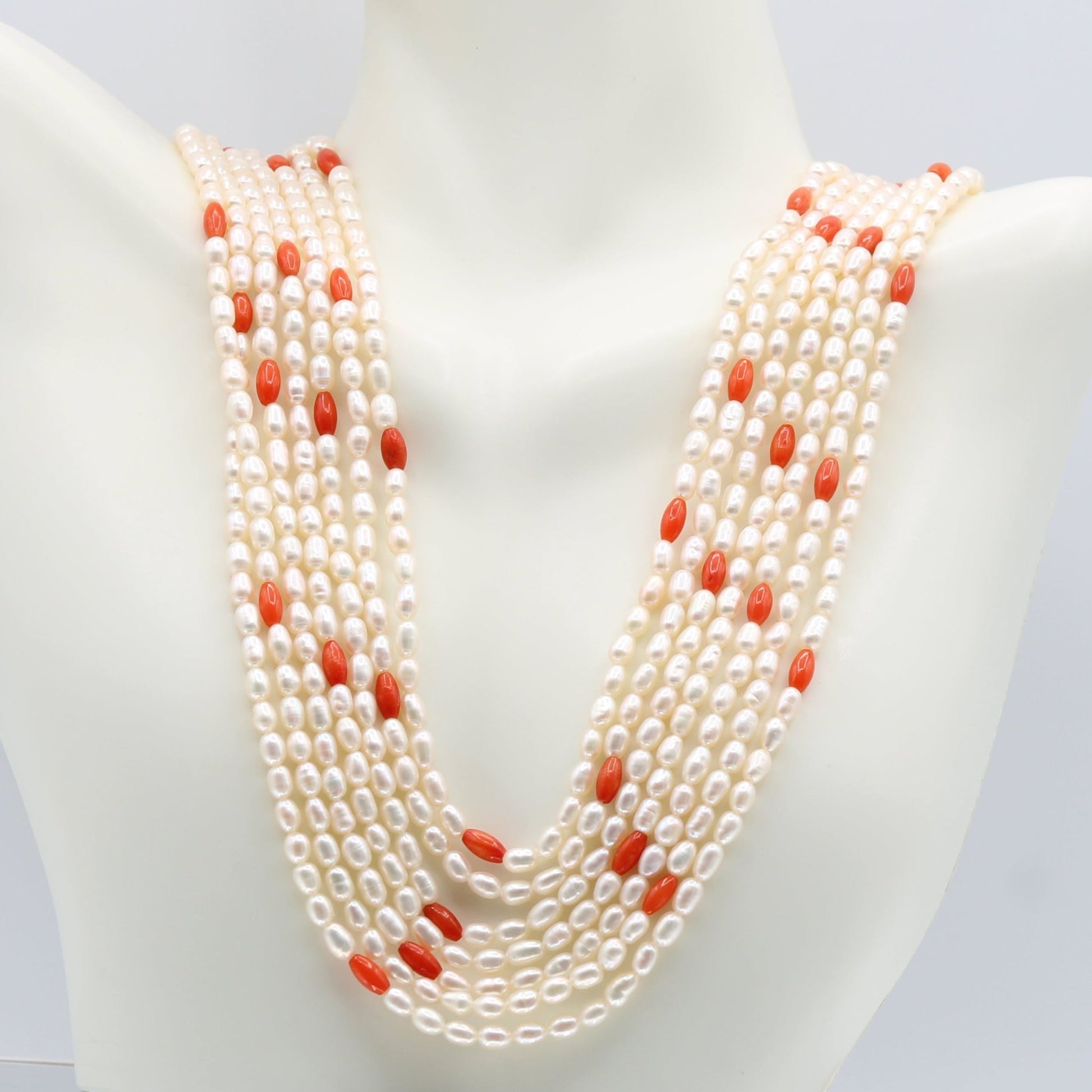 Fresh Water Pearl with Coral - 5 Strand - Taj Mahal Gems