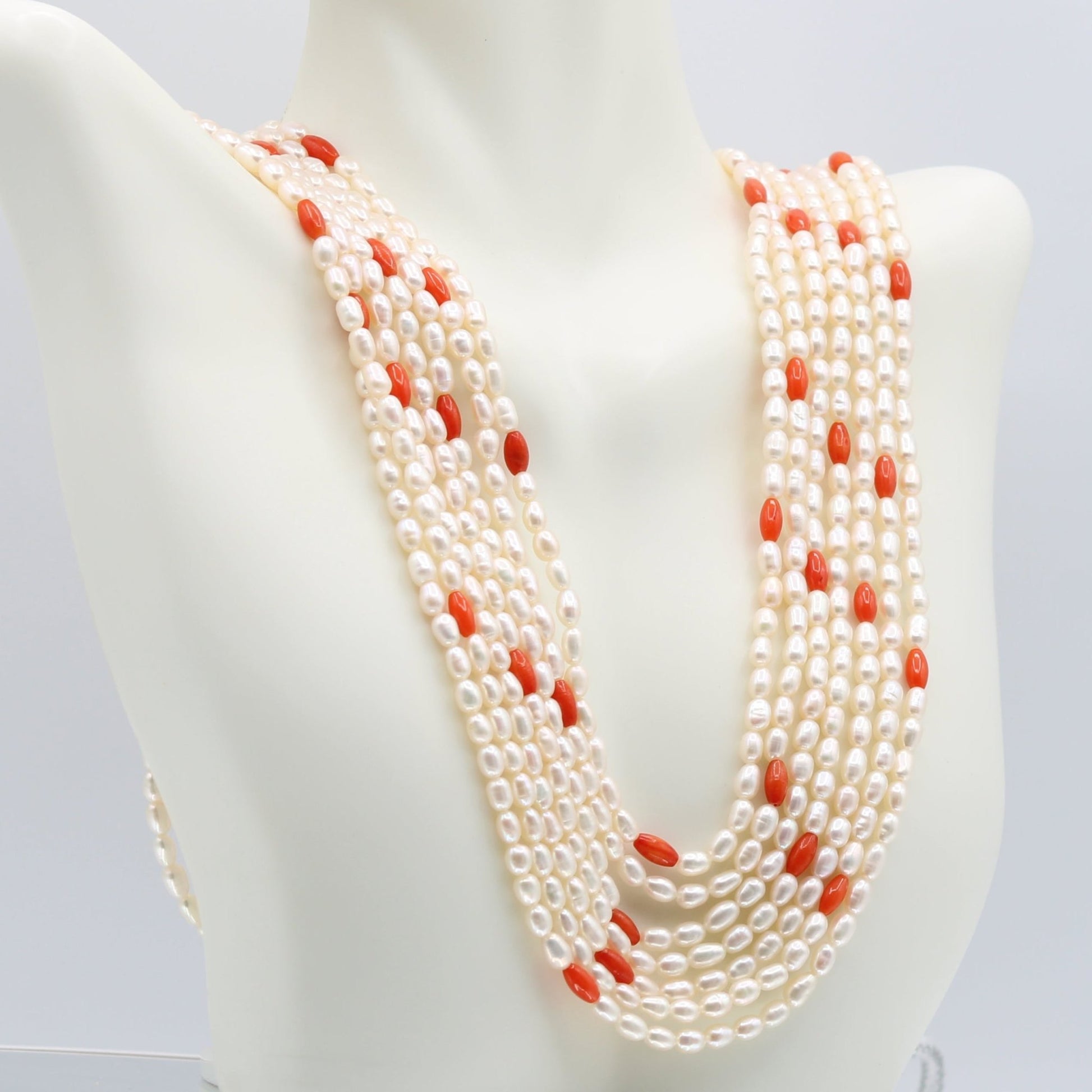 Fresh Water Pearl with Coral - 5 Strand - Taj Mahal Gems
