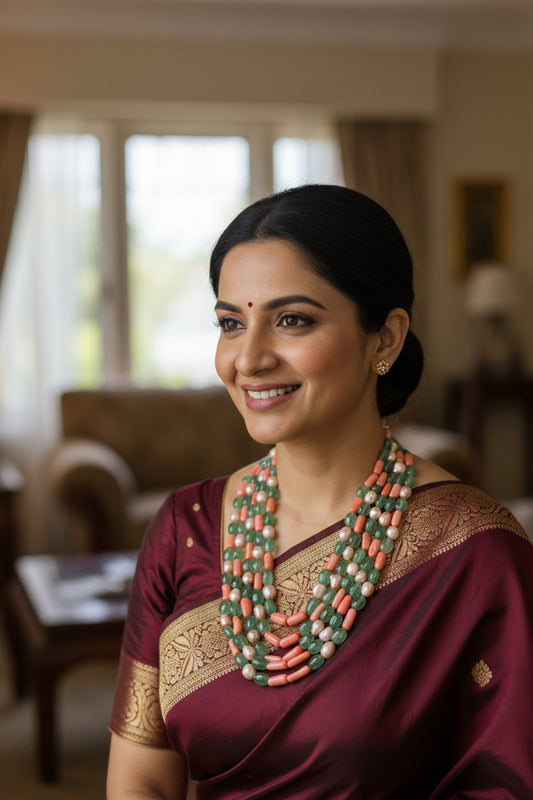 Russian Emerald with FWP and coral layered necklace displayed on a bust.