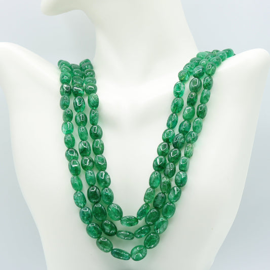Emerald oval beaded necklace with 3 and 4 strands, showcasing green polished beads, lengths of 18-22 inches.
