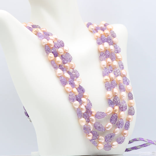 Natural Amethyst(Leaf Cut) with Pearl Necklace (5 Strand)