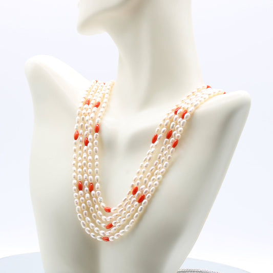 Fresh Water Pearl with Coral - 5 Strand - Taj Mahal Gems