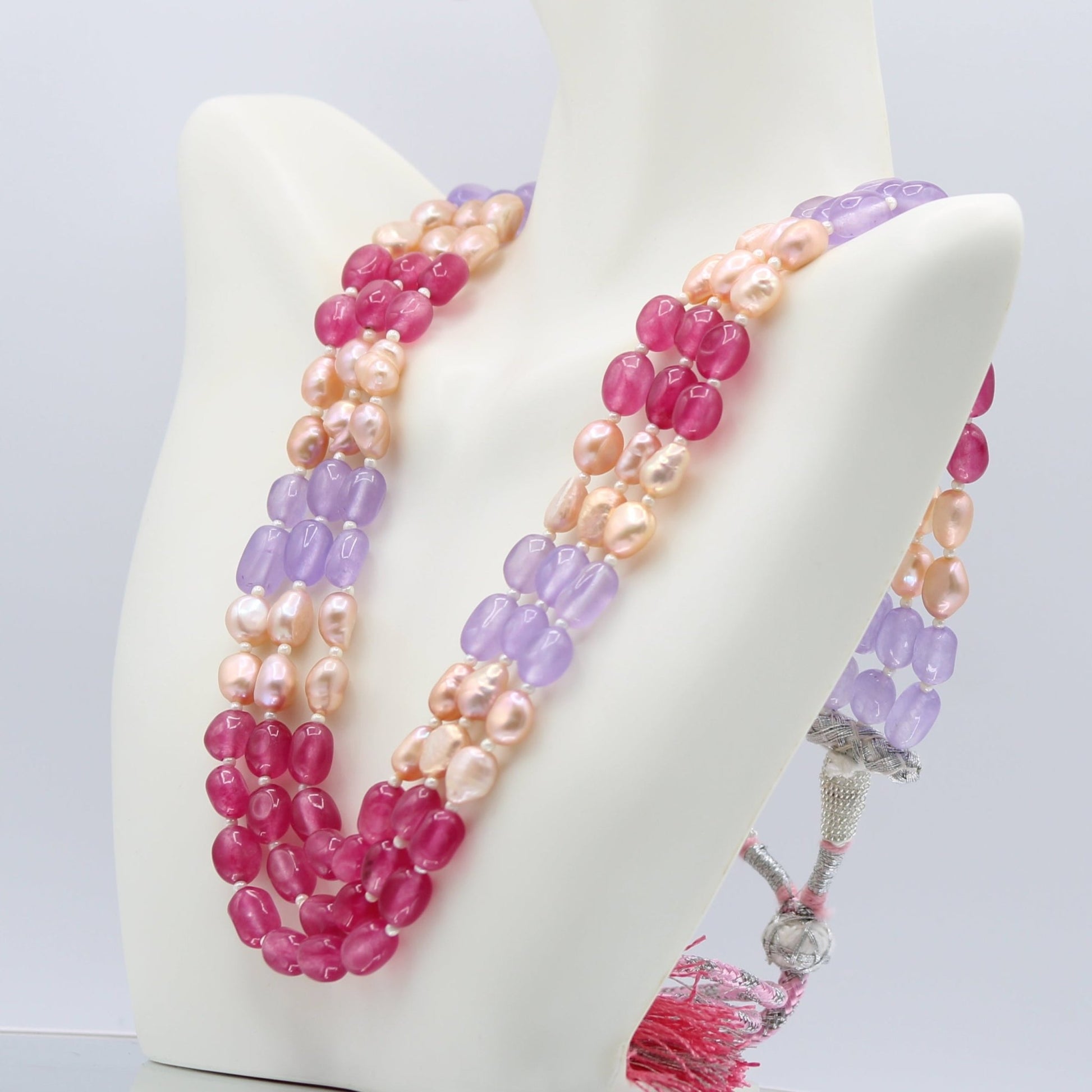 Multi Color Jade with Pearl - Layered Necklace - Taj Mahal Gems