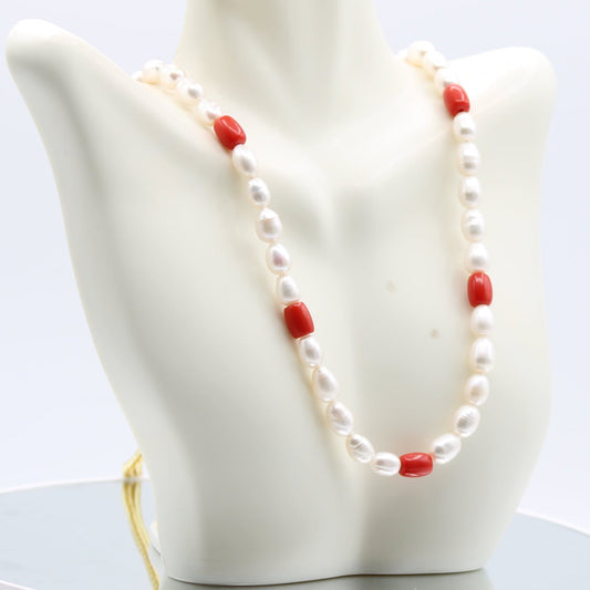 Fresh Water Pearl 8 - 10mm with Coral Necklace - Single Strand - Taj Mahal Gems