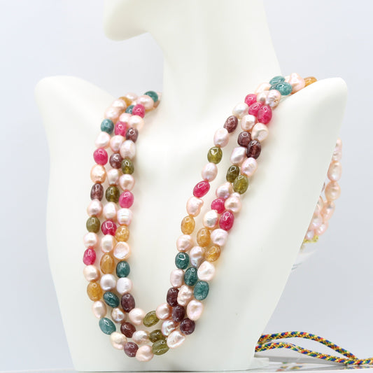 Multi Color Jade with Fresh Water Pearl Necklace featuring vibrant semi-translucent stones.
