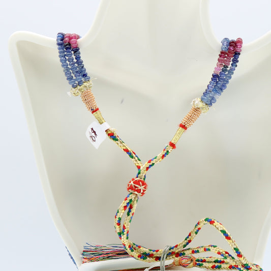 Multi Color Sapphire Beaded Necklace showcasing multi-color rondelle sapphires on a display bust.