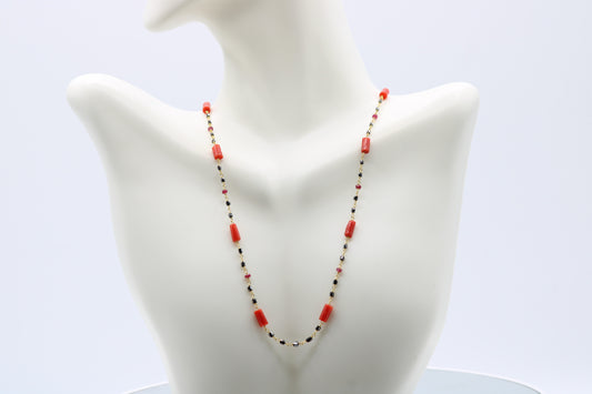 22K Gold Black Diamond, Italian Coral, and Ruby Necklace