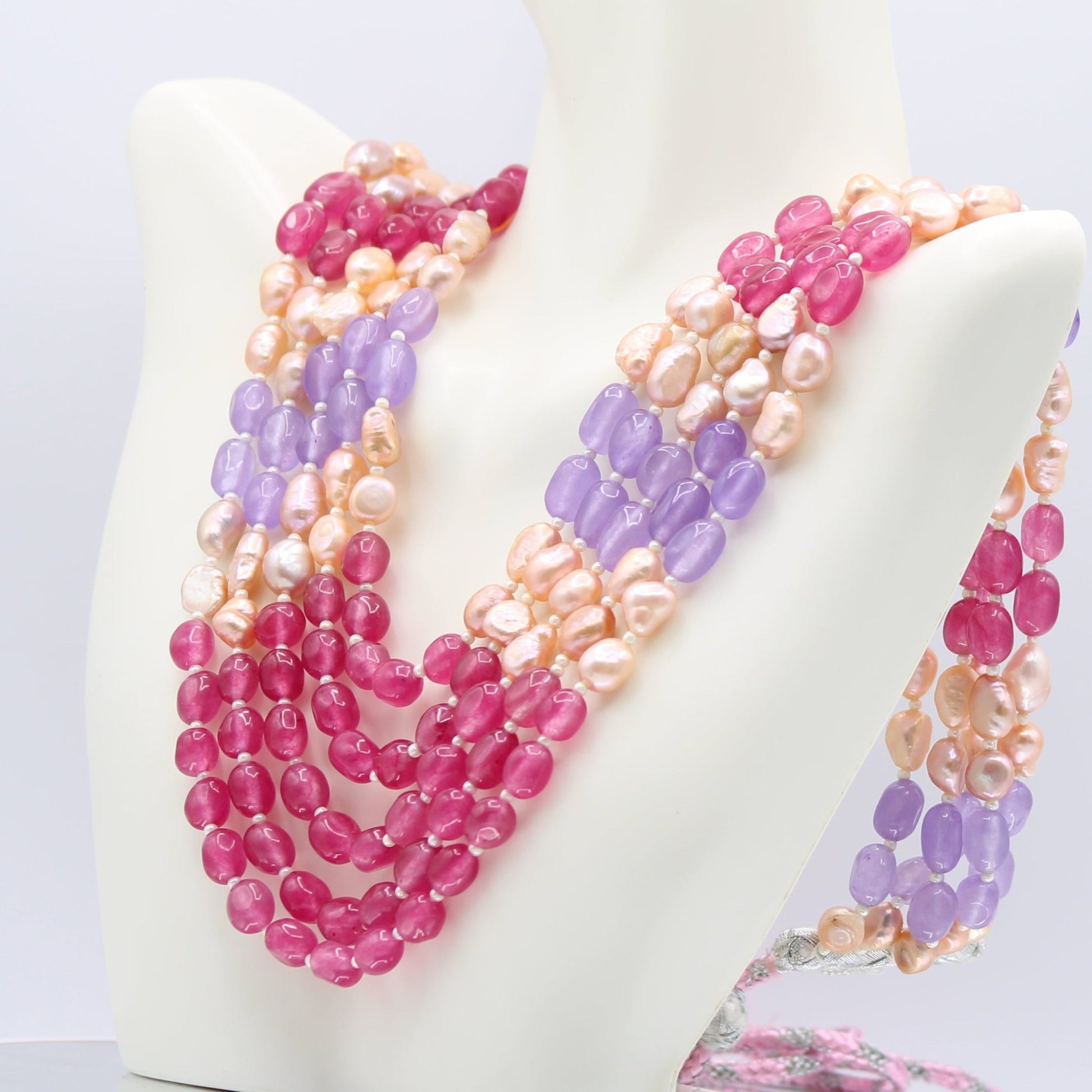 Multi Color Jade with Pearl - Layered Necklace - Taj Mahal Gems