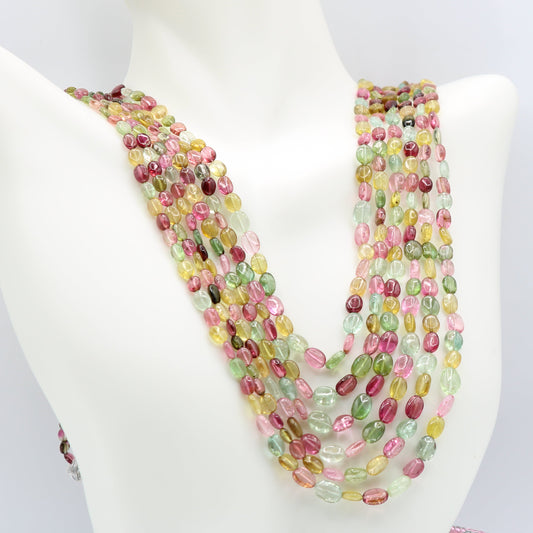 Tourmaline Multi-Color Beaded Necklace displayed on a mannequin showcasing vibrant, mixed color gemstones.