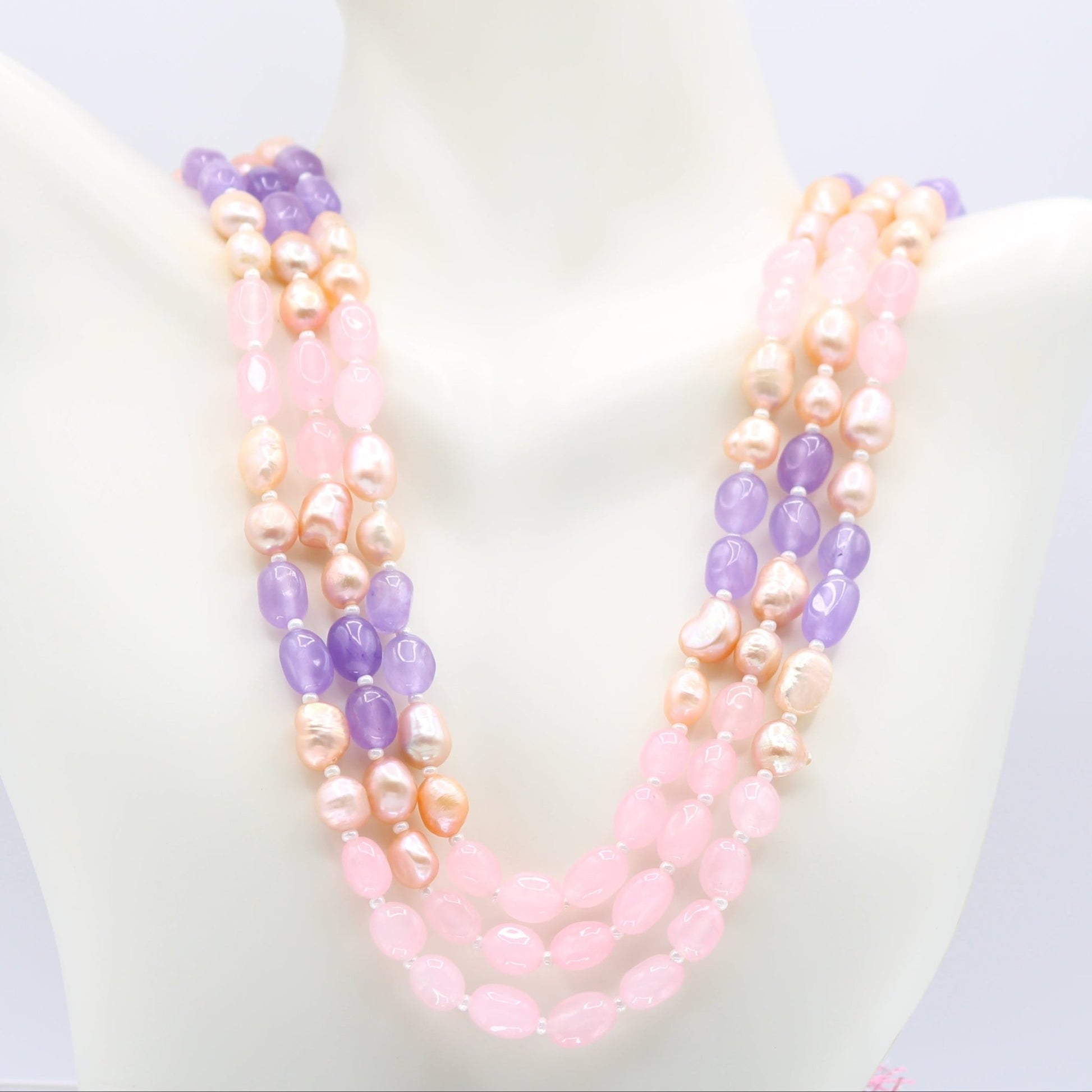 Multi Color Jade Necklace with Fresh Water Pearl - 3 Strand - Taj Mahal Gems
