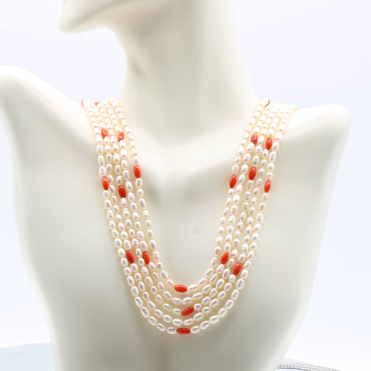Fresh Water Pearl with Coral - 5 Strand - Taj Mahal Gems