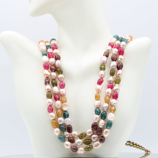 Multi Color Jade with Fresh Water Pearl Necklace