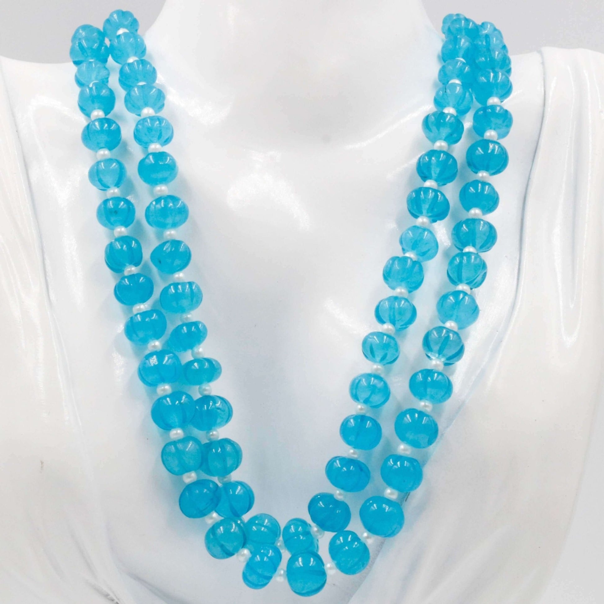 Blue Quartz Pumpkin Beads Necklace - Taj Mahal Gems