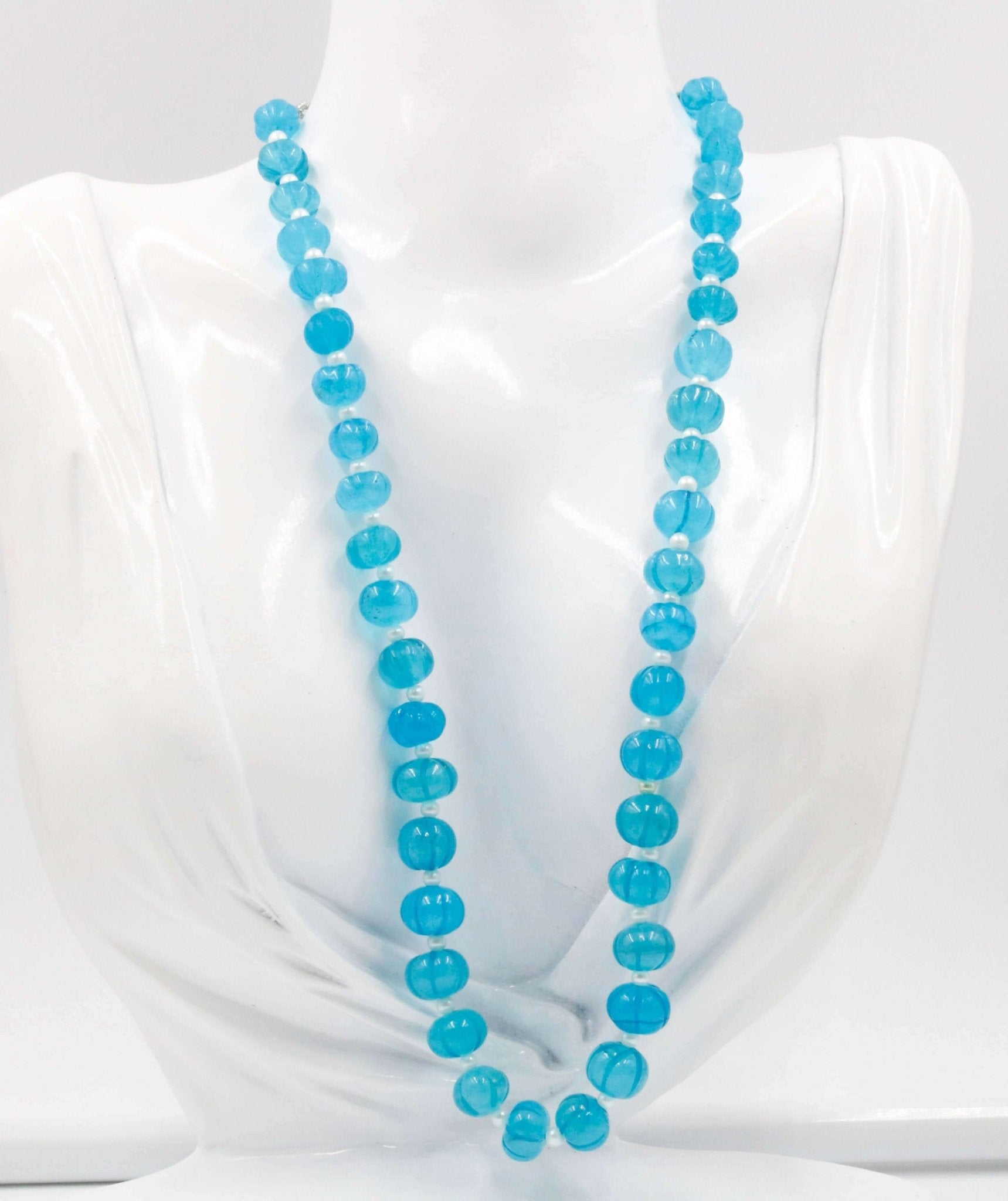 Blue Quartz Pumpkin Beads Necklace - Taj Mahal Gems