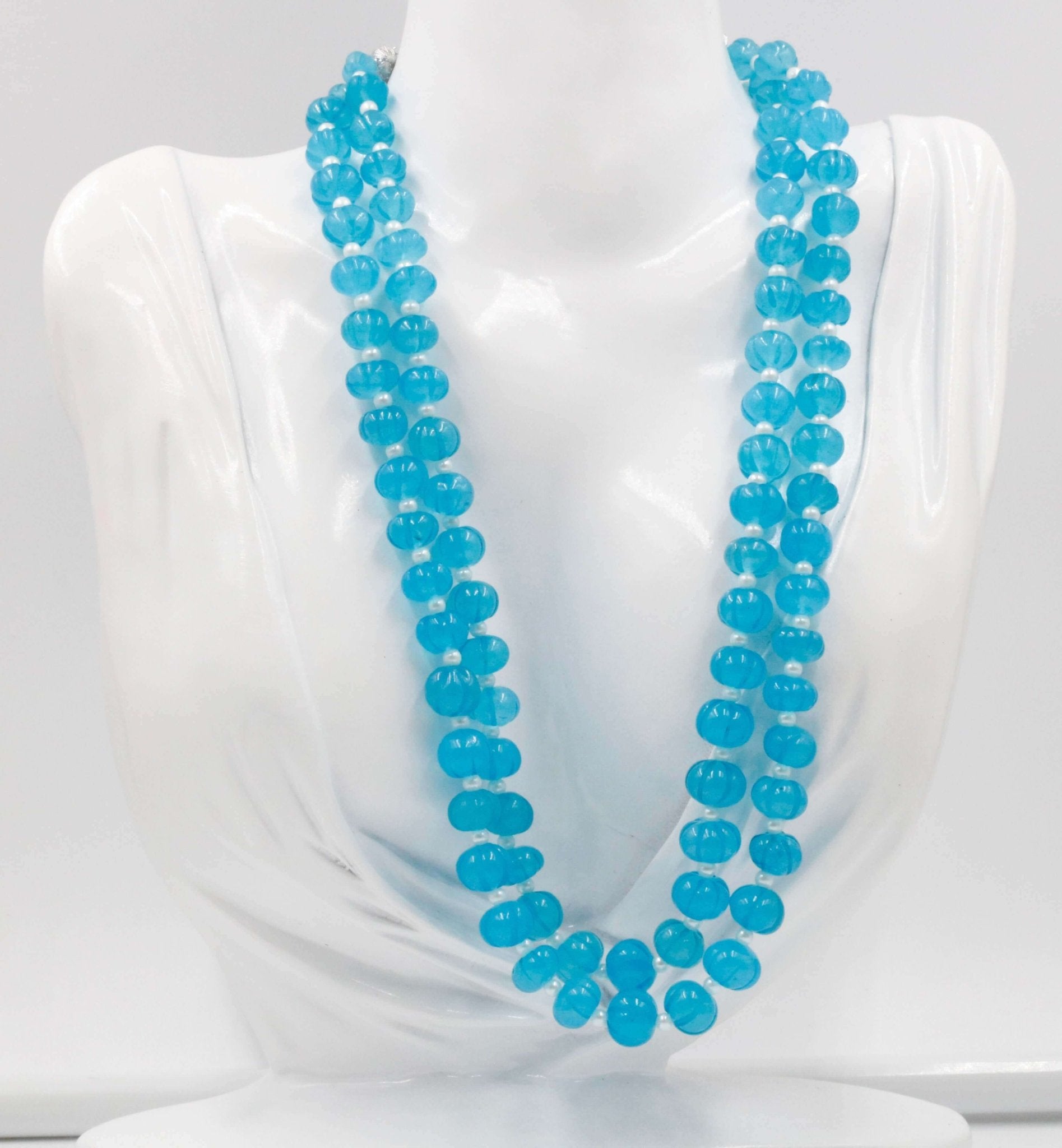Blue Quartz Pumpkin Beads Necklace - Taj Mahal Gems