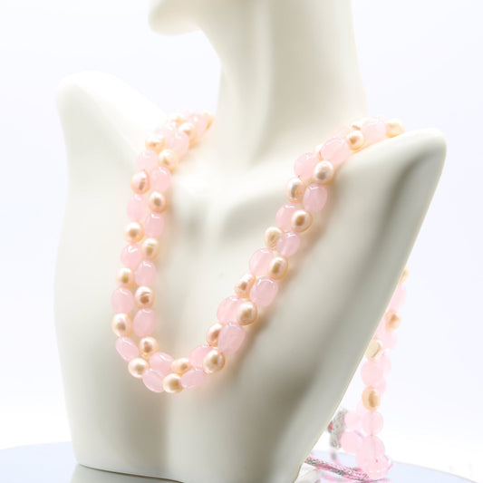 Rose Quartz & Fresh Water Pearl Necklace - Taj Mahal Gems