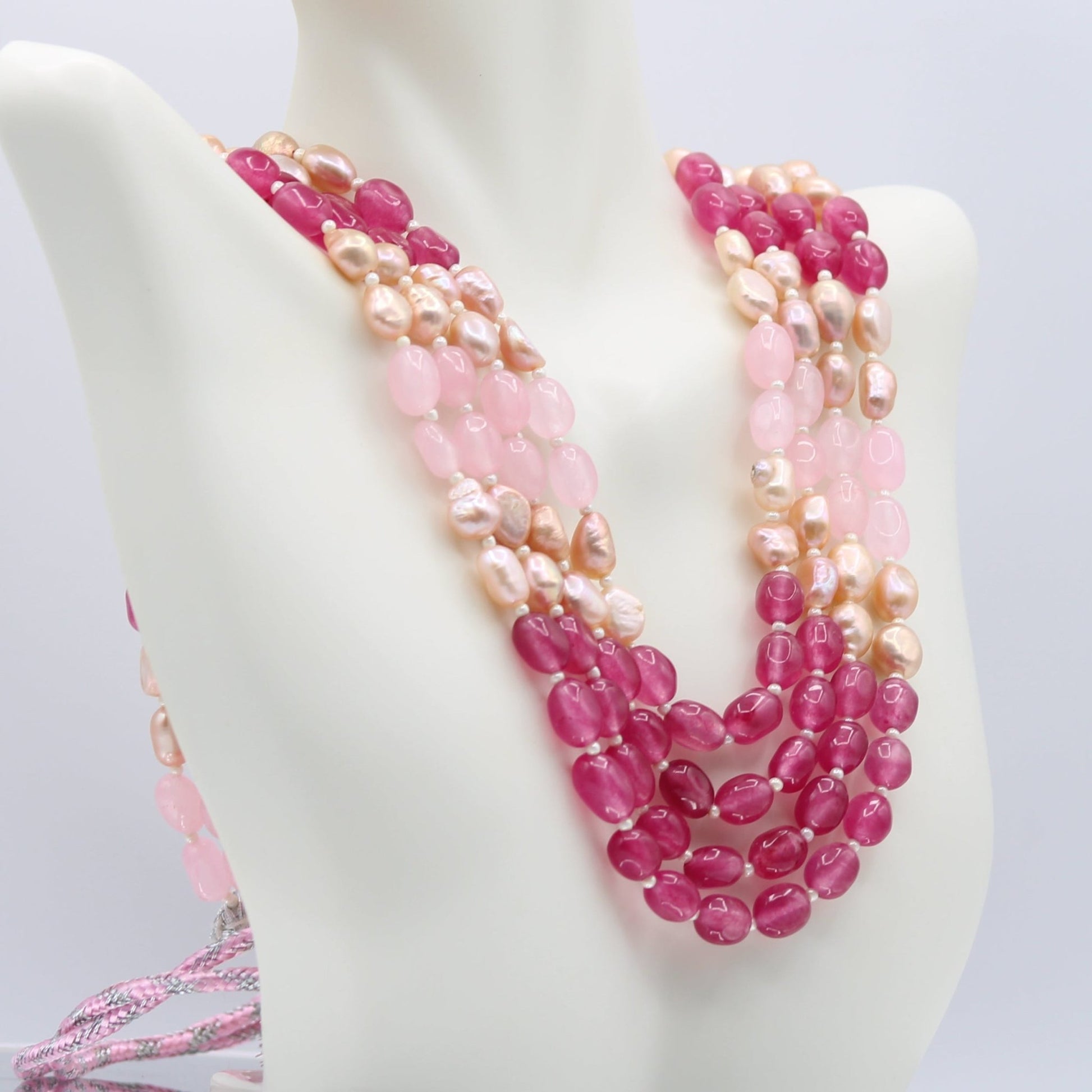 Rose & Pink Jade with Pearl Necklace - 4 Strand - Taj Mahal Gems