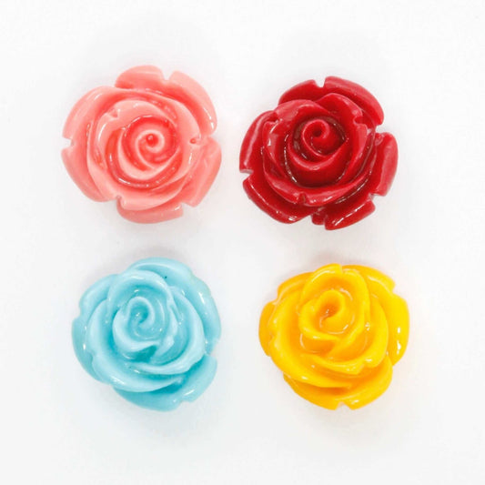 Coral Beads - 12mm Rose Flower Beads in pink, red, blue, and yellow colors for jewelry making.