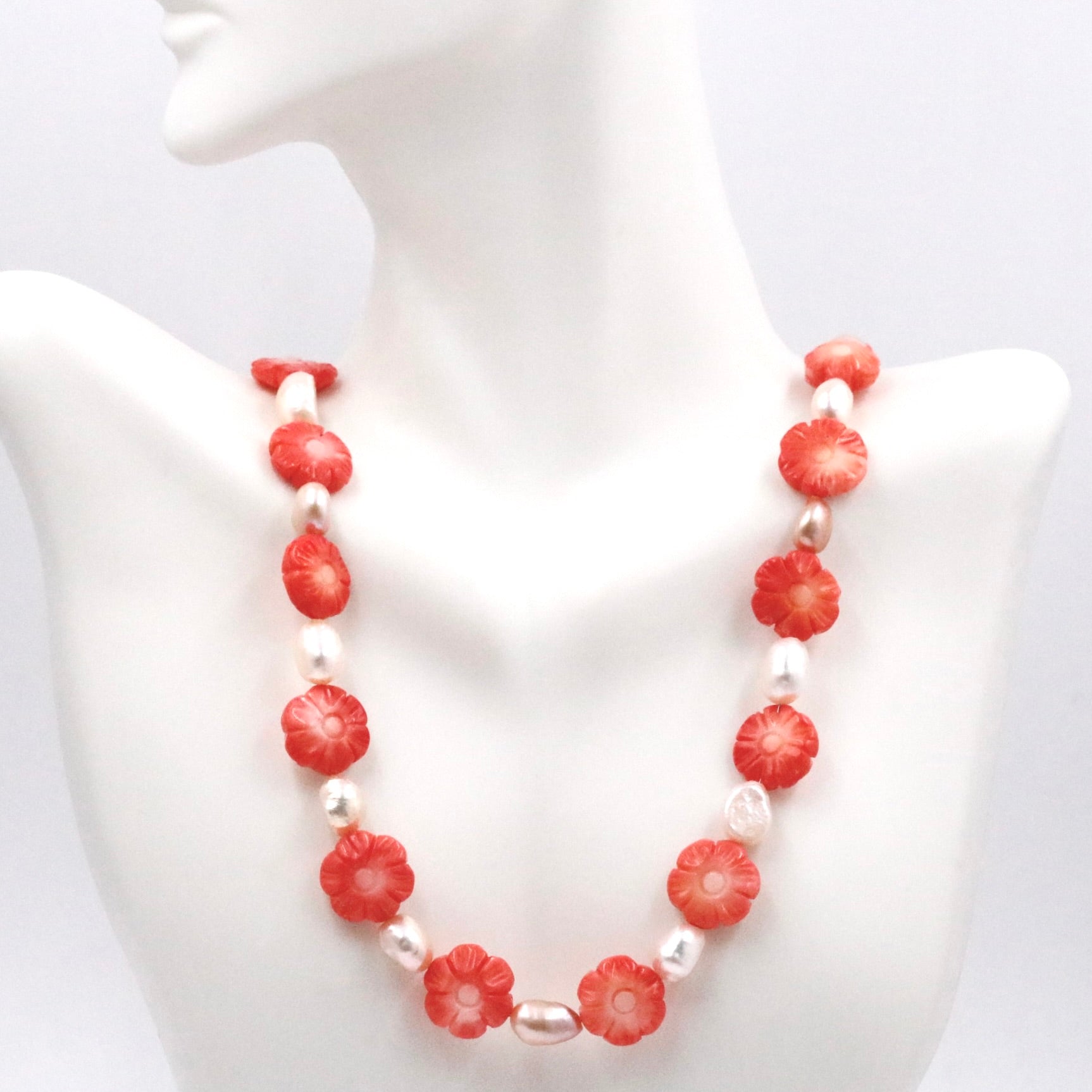 Cultured Pearl and Coral Flower Necklace - Taj Mahal Gems