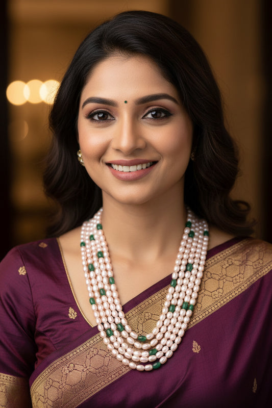Fresh Water Pearl with Emerald Necklace worn by a woman in elegant attire, showcasing beauty and sophistication.