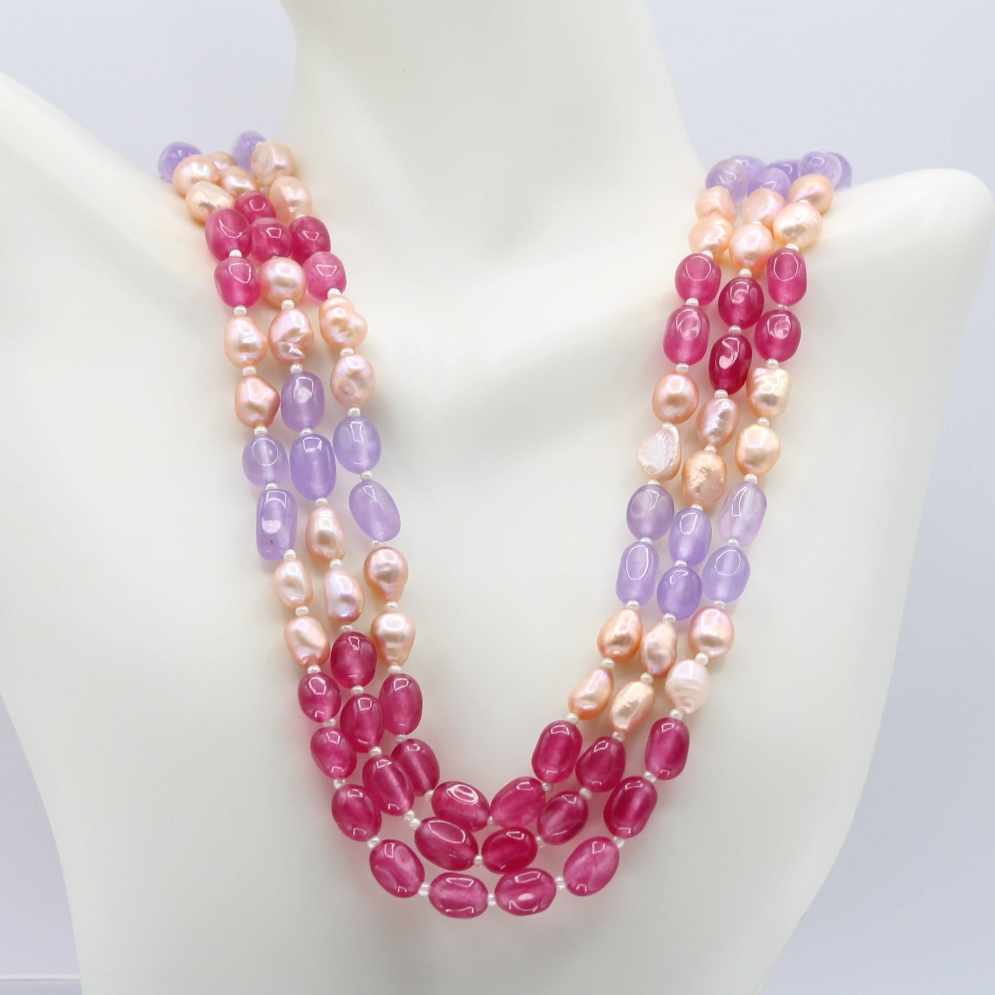 Multi Color Jade with Pearl - Layered Necklace - Taj Mahal Gems