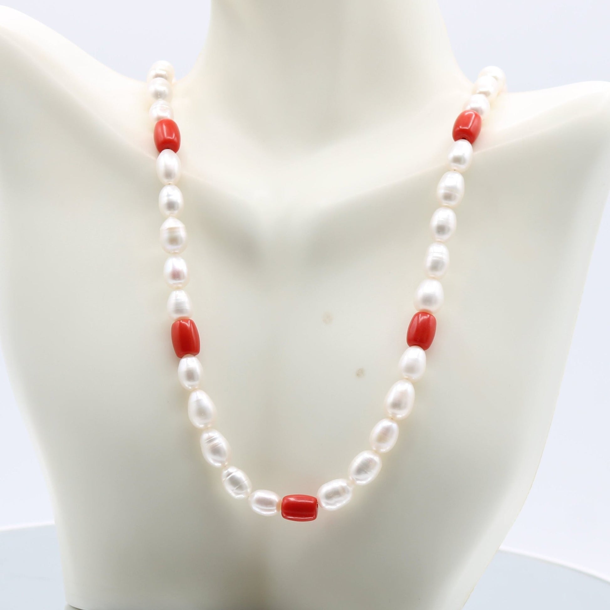 Fresh Water Pearl 8 - 10mm with Coral Necklace - Single Strand - Taj Mahal Gems