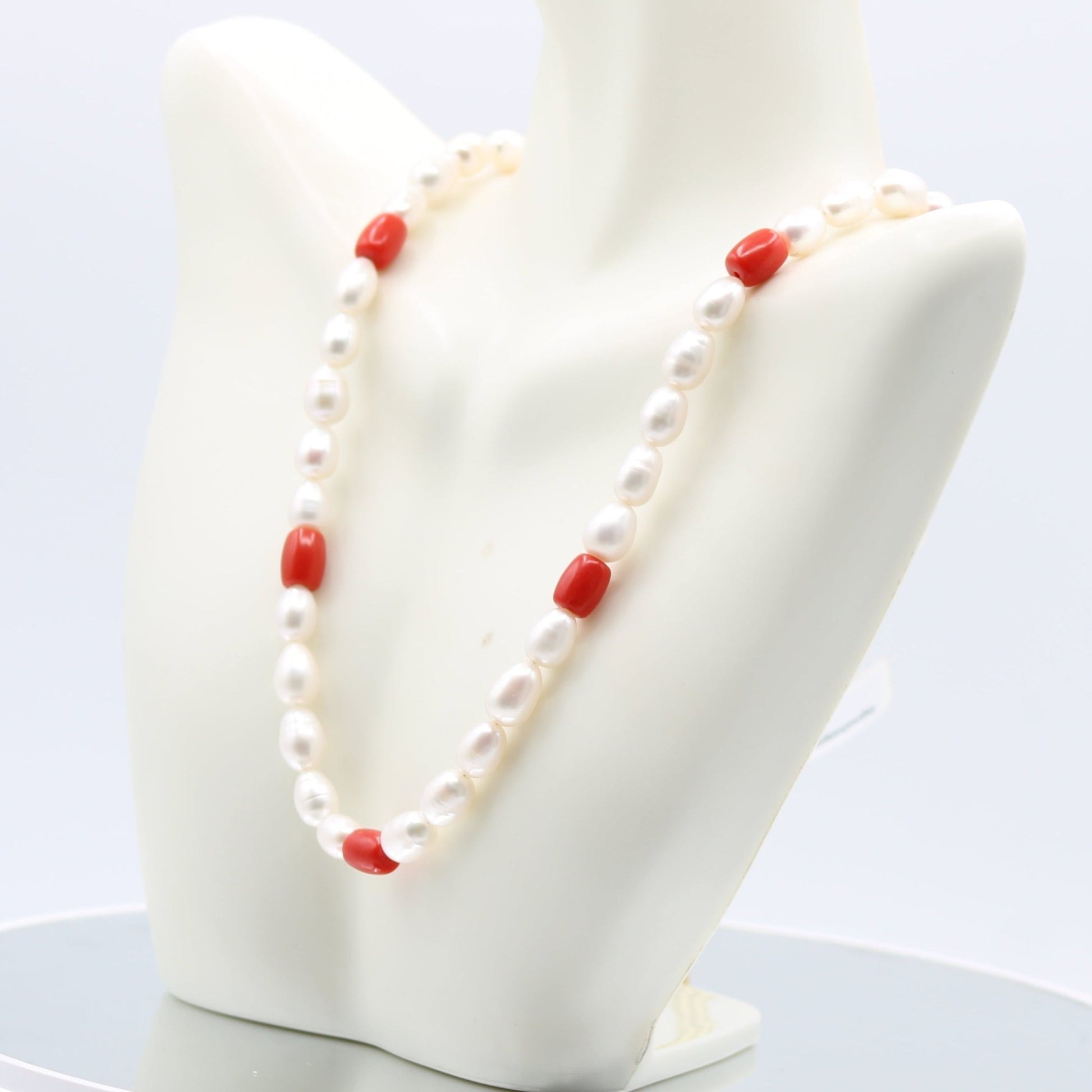 Fresh Water Pearl 8 - 10mm with Coral Necklace - Single Strand - Taj Mahal Gems