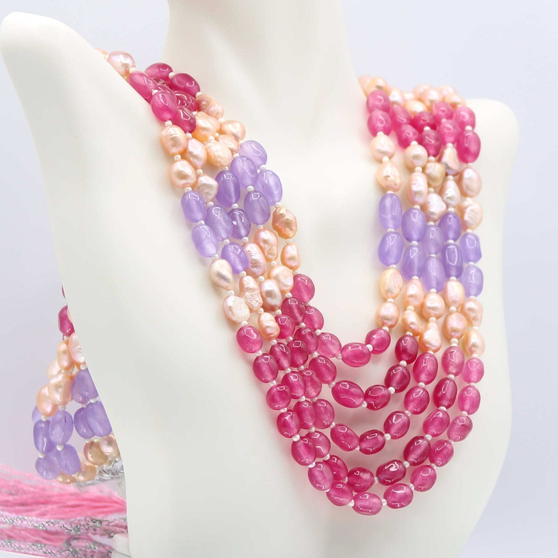 Multi Color Jade with Pearl - Layered Necklace - Taj Mahal Gems