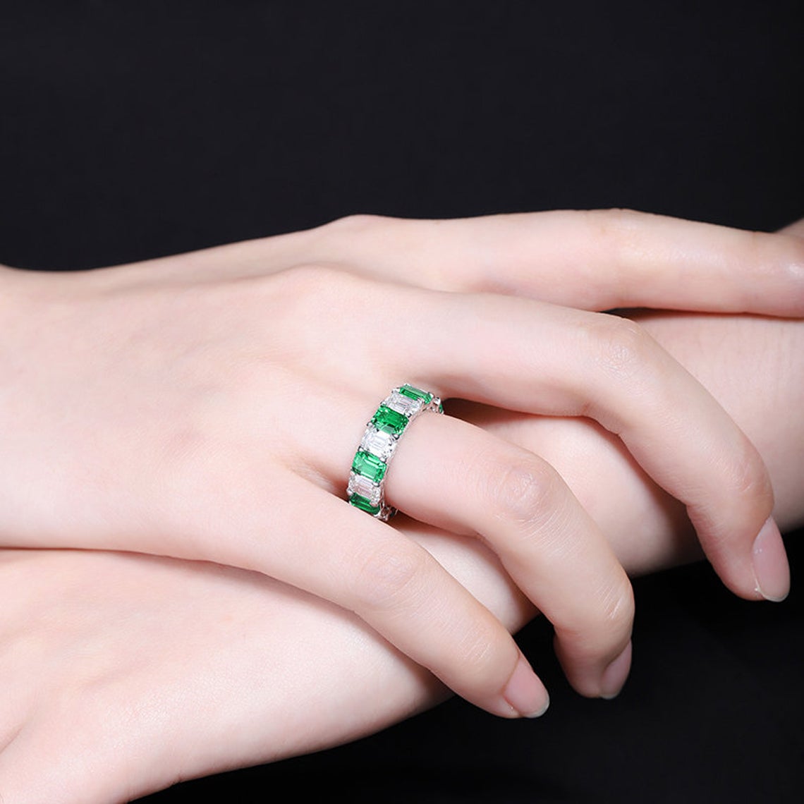 Emerald Eternity Ring with CZ Charms - Taj Mahal Gems