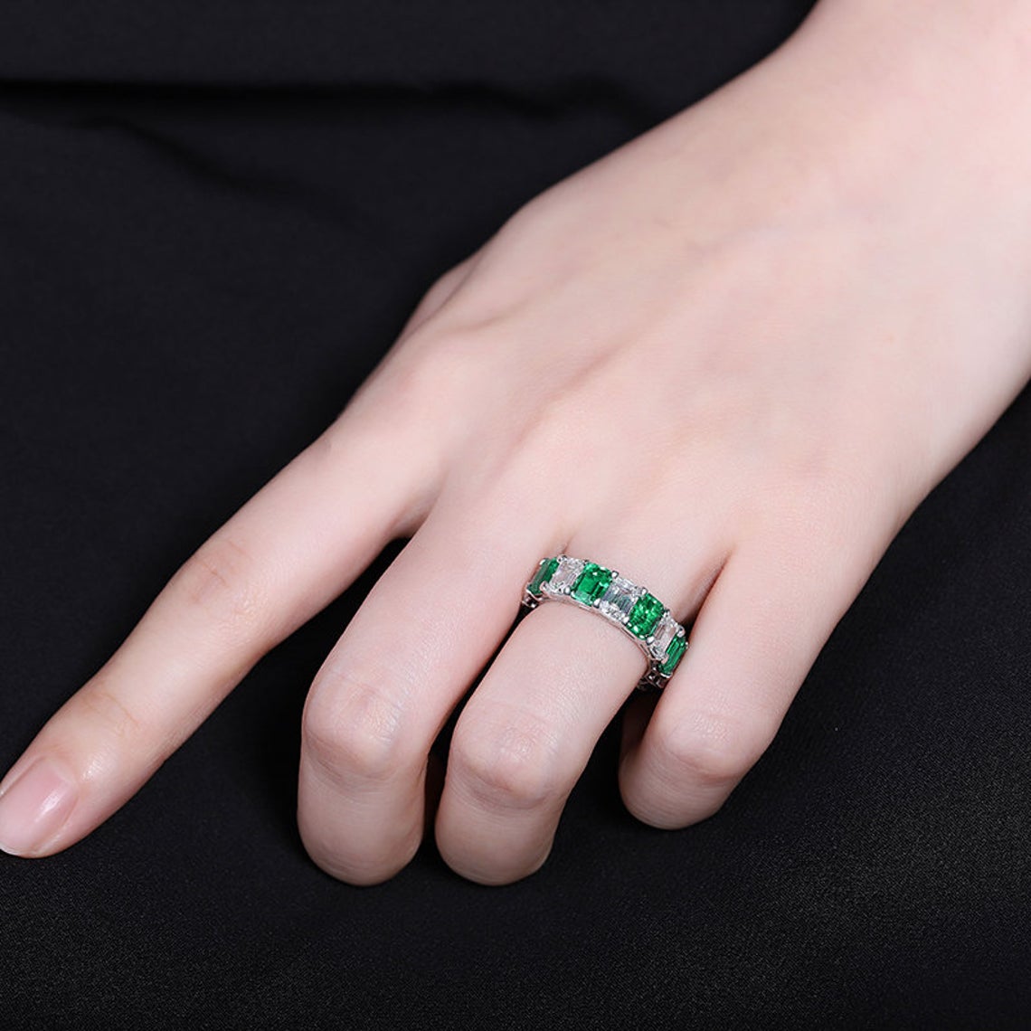 Emerald Eternity Ring with CZ Charms - Taj Mahal Gems