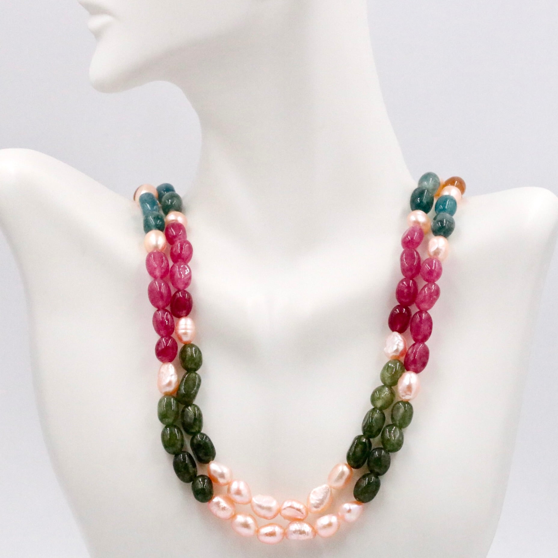Multi - Color Gemstone Necklace with Quartz Freshwater Pearls - Taj Mahal Gems