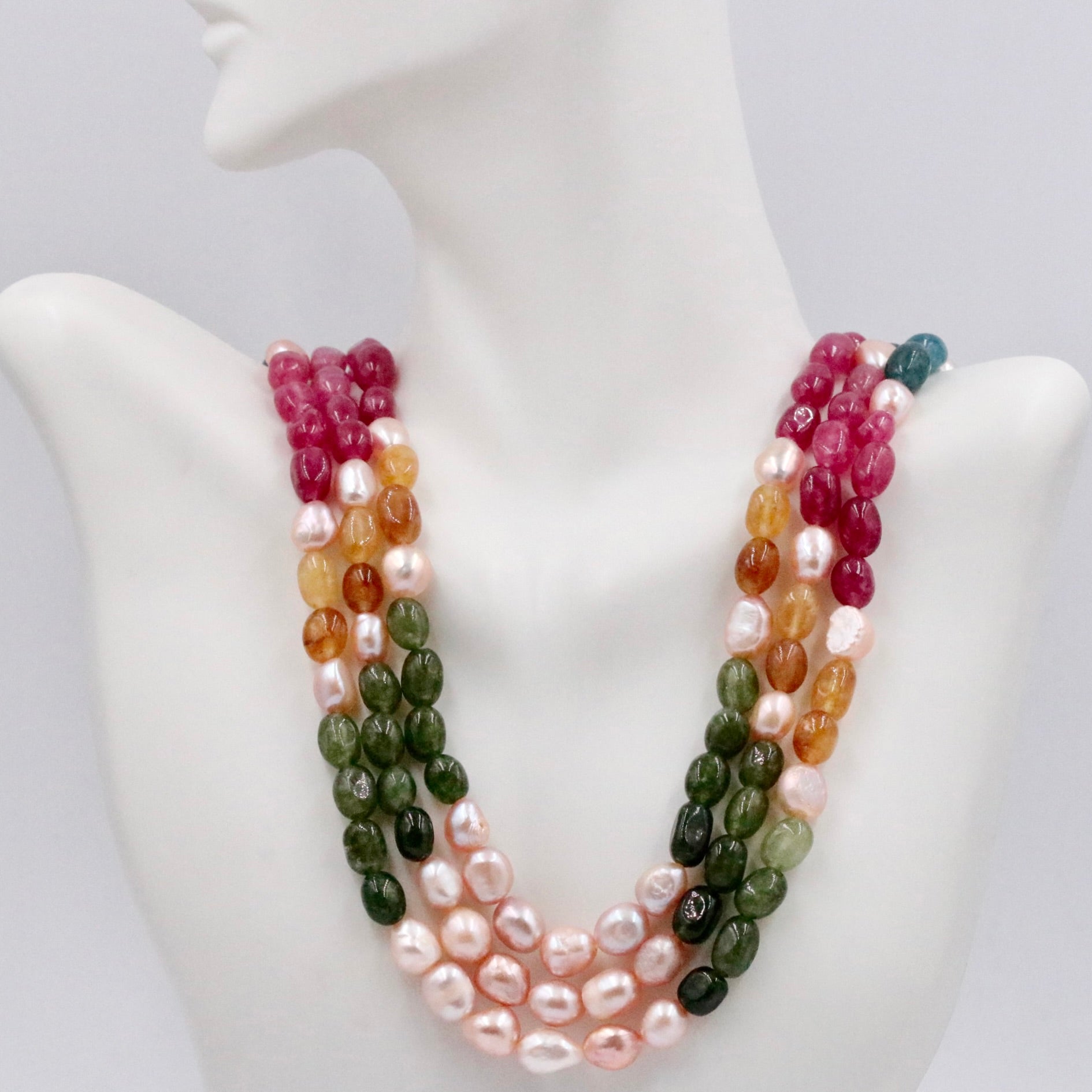 Multi - Color Gemstone Necklace with Quartz Freshwater Pearls - Taj Mahal Gems