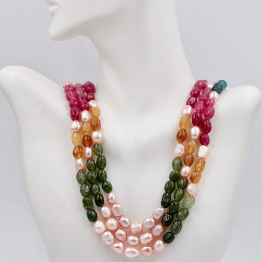 Multi - Color Gemstone Necklace with Quartz Freshwater Pearls - Taj Mahal Gems