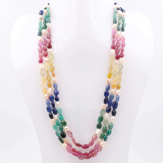Multi Gemstone Necklace Sapphire Ruby & Emerald With Freshwater Pearls - Taj Mahal Gems