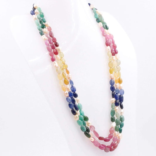 Multi Gemstone Necklace Sapphire Ruby & Emerald With Freshwater Pearls - Taj Mahal Gems