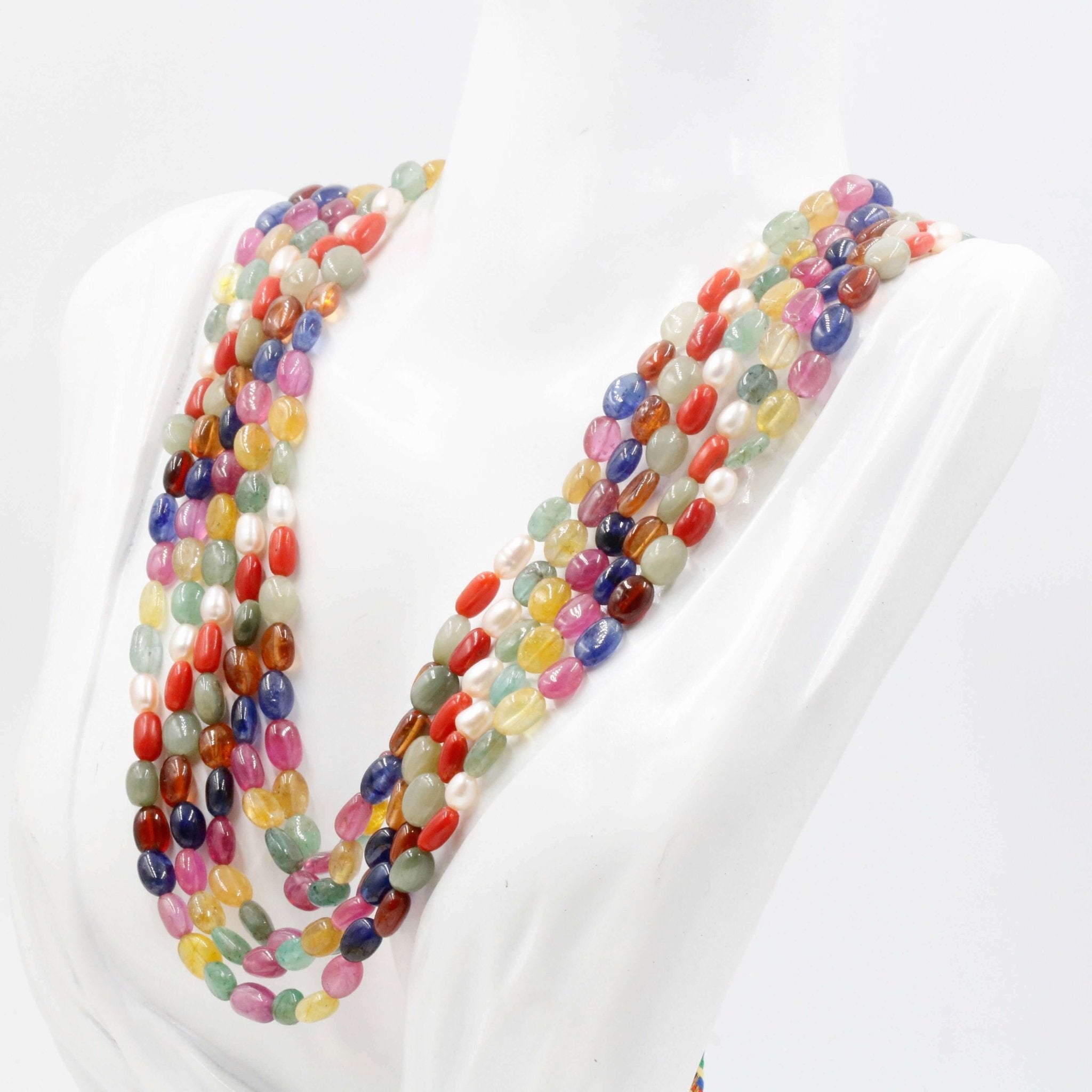 Multi Strand Navratna Beaded Necklace - Taj Mahal Gems
